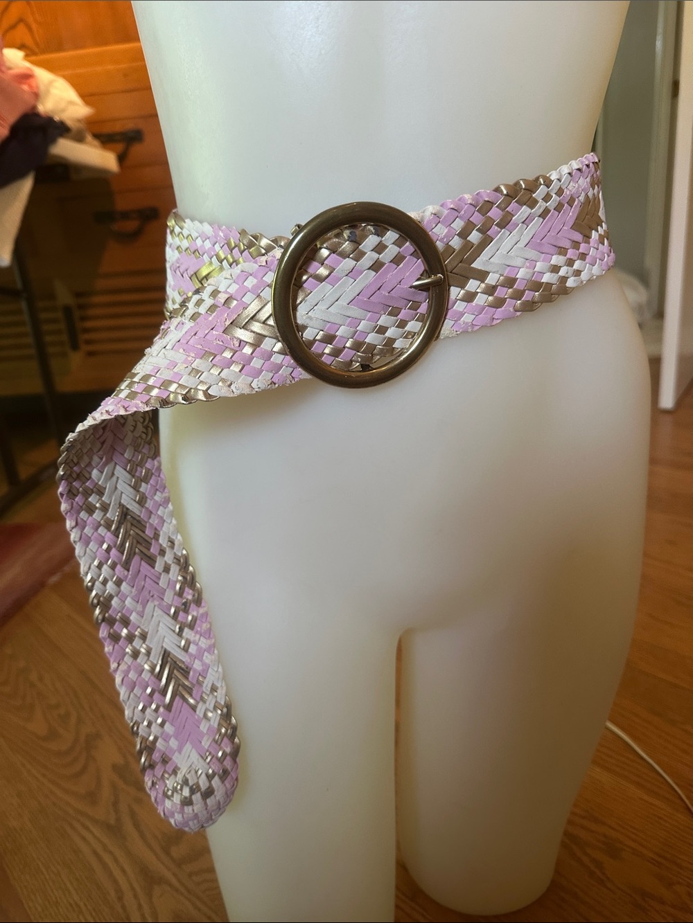 Vintage Leather Woven Pink White and Tan Belt with Round Brass Buckle
